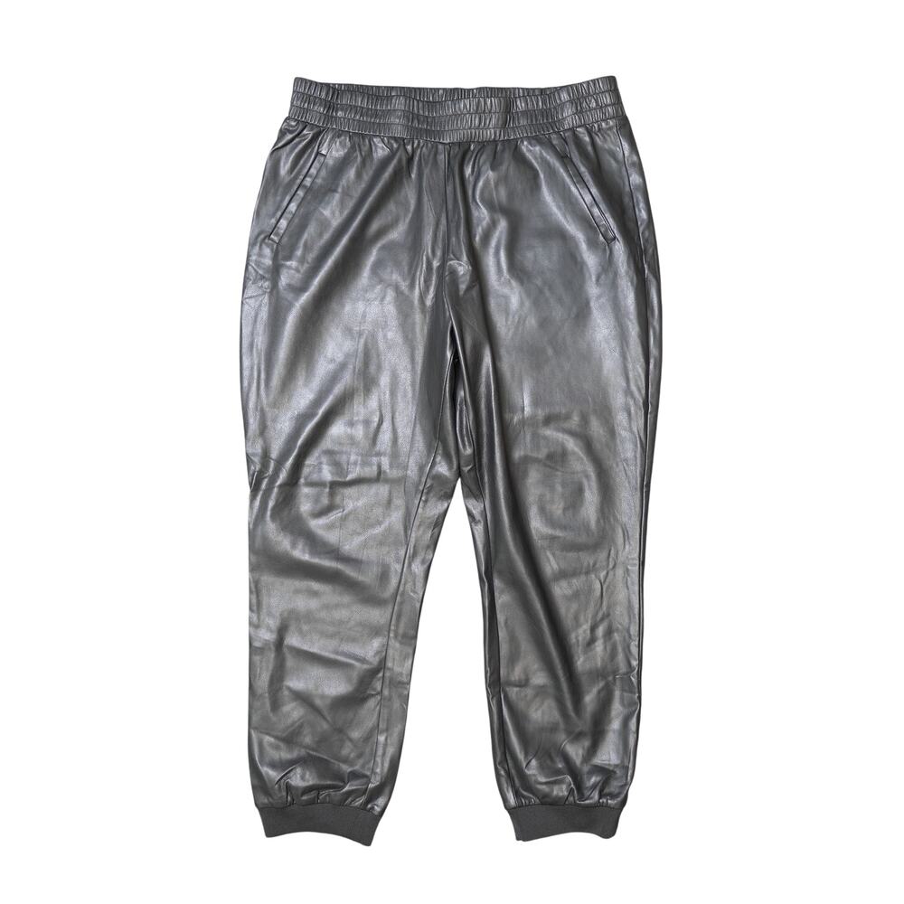 DKNY Jeans Faux Leather Joggers Black High Rise 2 Pockets Elastic Waist Sz XL